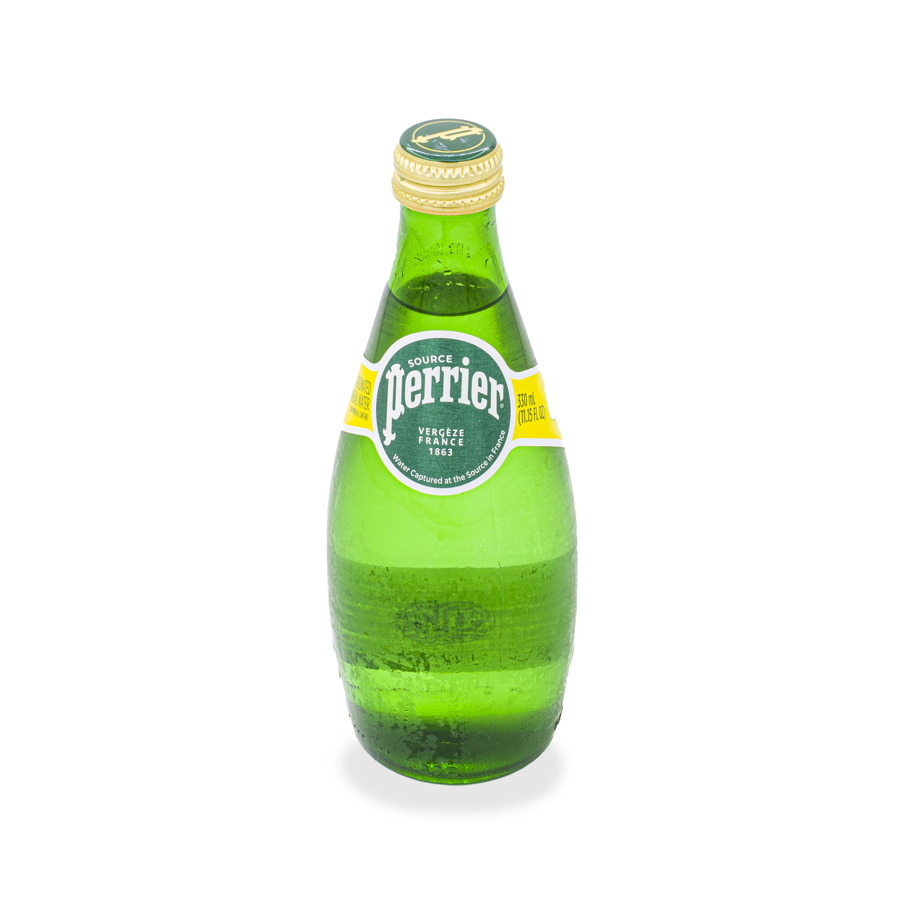 Glass bottle of Perrier sparkling mineral water with yellow label on white background