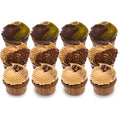 Assorted gourmet chocolate and coffee cupcakes with decorative frosting and sprinkles