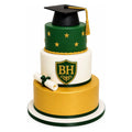 Beverly Hills High School Graduation Cake – 3 Tier with green, white, and gold layers, decorated with a BH emblem, gold stars, a diploma, and topped with a black graduation cap, luxury custom cakes baked fresh in Beverly Hills.