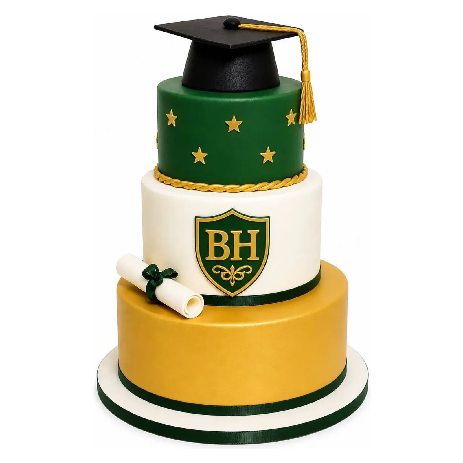 Beverly Hills High School Graduation Cake – 3 Tier with green, white, and gold layers, decorated with a BH emblem, gold stars, a diploma, and topped with a black graduation cap, luxury custom cakes baked fresh in Beverly Hills.