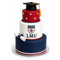 LMU Graduation Cake – 3 Tier featuring a navy blue, white, and red design with the LMU crest, star accents, a fondant diploma, and a graduation cap topper, luxury custom cakes baked fresh in Beverly Hills.