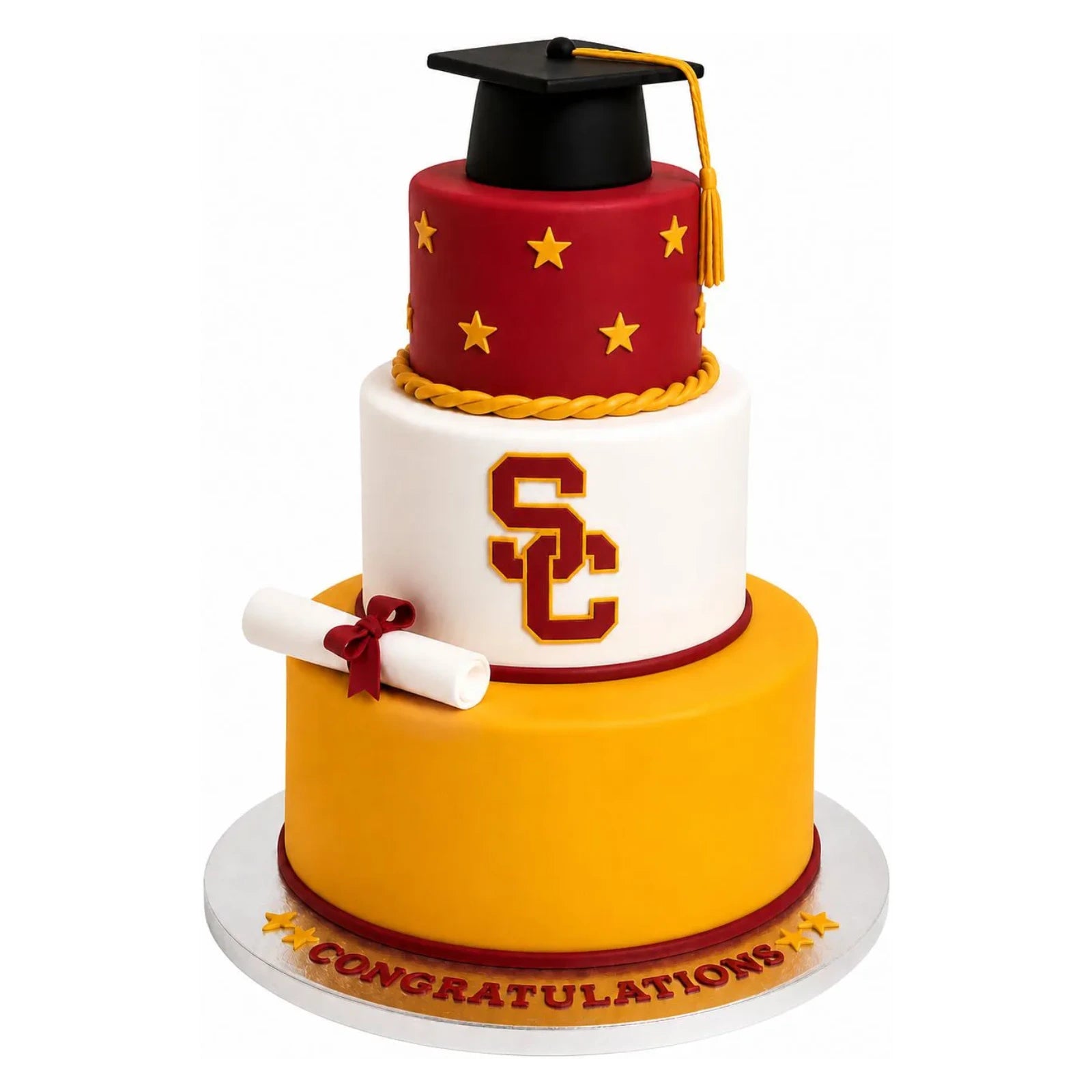 USC Graduation Cake – 3 Tier featuring a yellow, white, and red layered design with a black graduation cap topper, diploma decoration, and custom details celebrating achievement.
