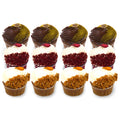 Assorted gourmet cupcakes with chocolate, red velvet, and caramel toppings on white background
