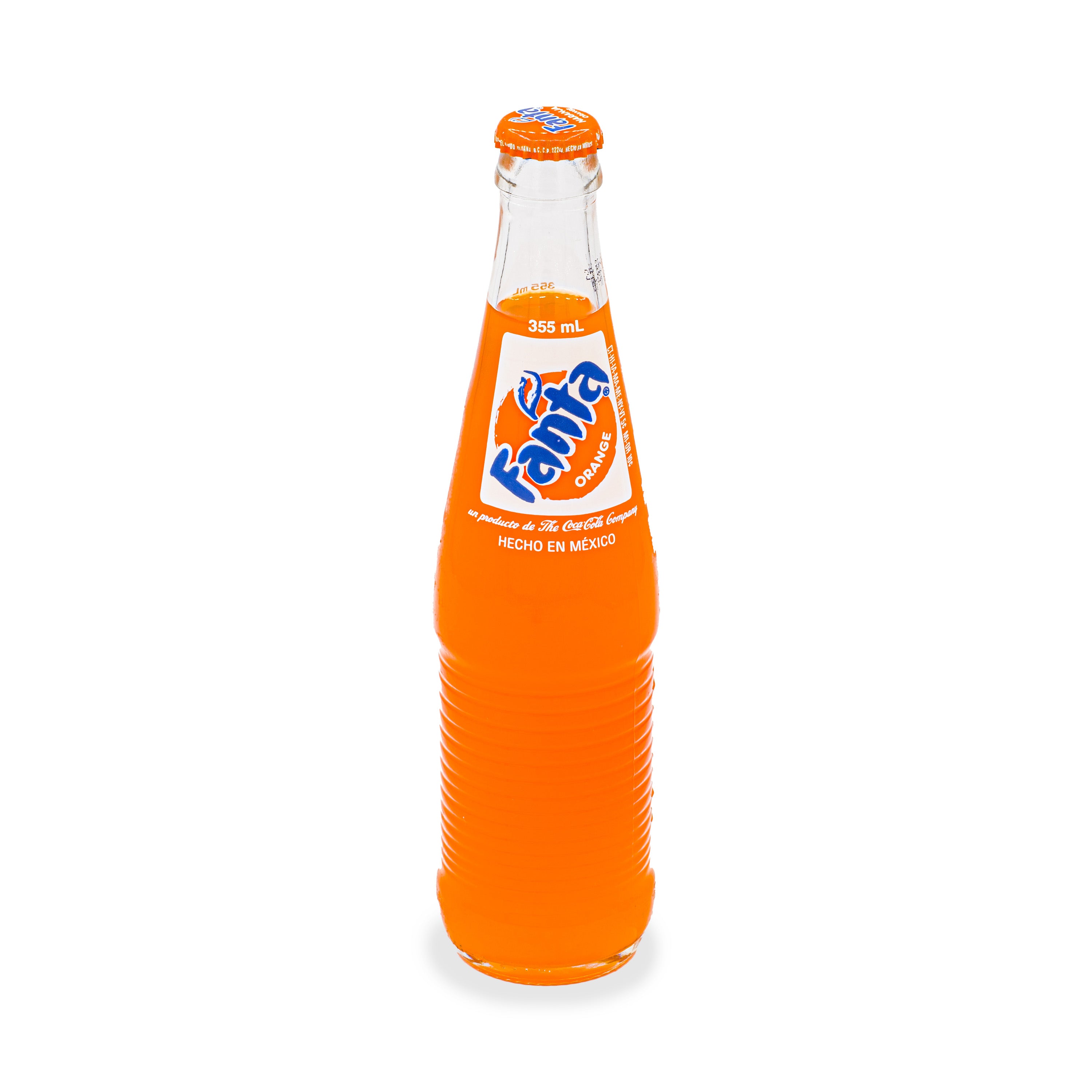 Glass bottle of Fanta orange soda, 355 mL, on white background
