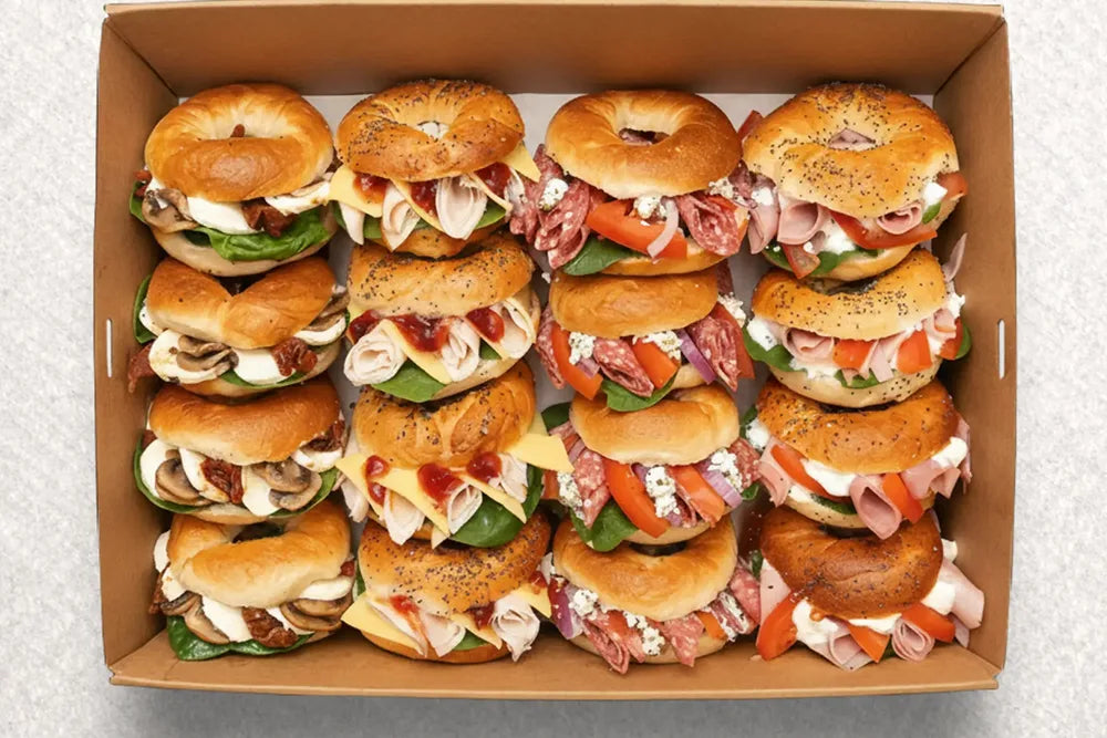 Assorted bagel sandwiches with meats, cheese, and vegetables in a catering box