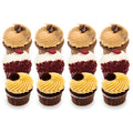Assorted gourmet cupcakes with chocolate, red velvet, and vanilla frosting in rows on white background