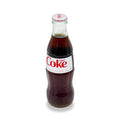 Glass bottle of Diet Coke with white label on a white background
