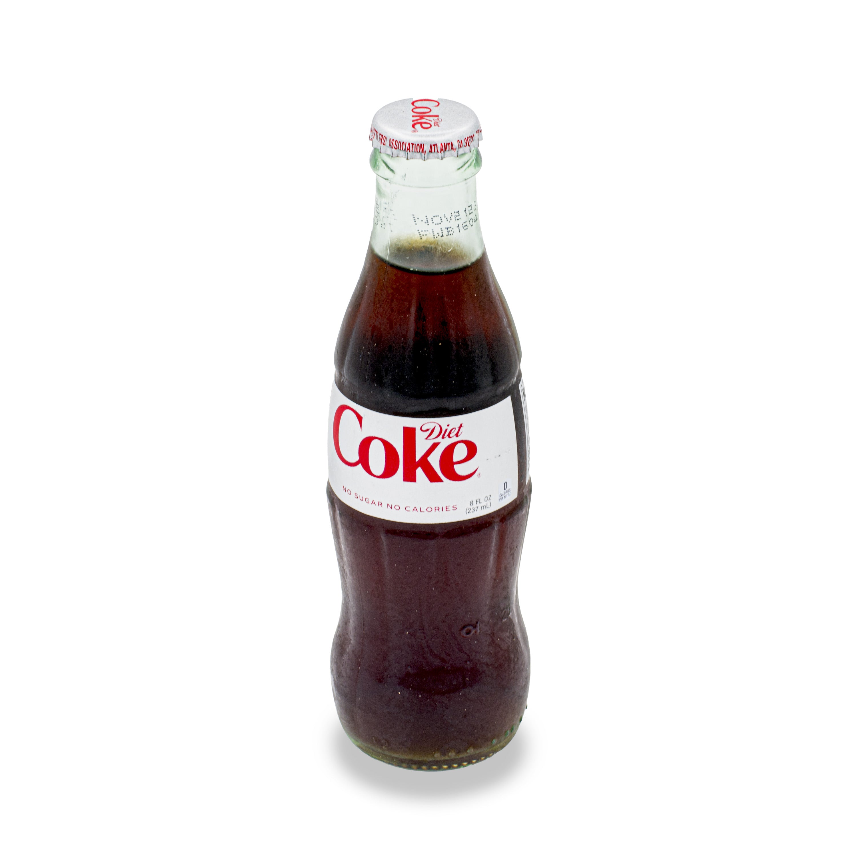 Glass bottle of Diet Coke with white label on a white background