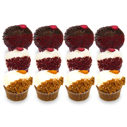 Assorted gourmet cupcakes with chocolate, red velvet, and cream cheese frosting, arranged in rows
