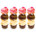 Assorted gourmet cupcakes with pink, chocolate, and vanilla swirled frosting