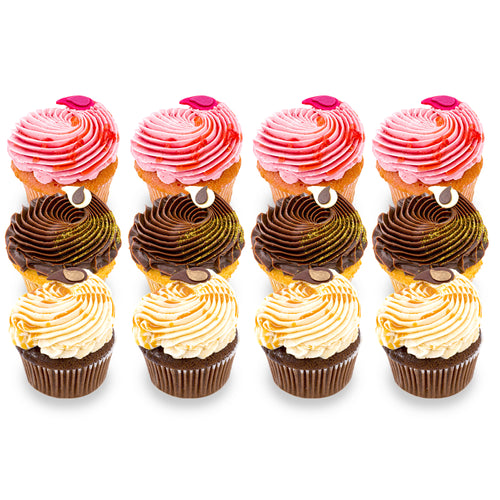 Assorted gourmet cupcakes with pink, chocolate, and vanilla swirled frosting