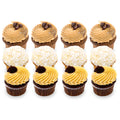 Assorted gourmet cupcakes with chocolate, vanilla, coconut, and swirl frosting on white background
