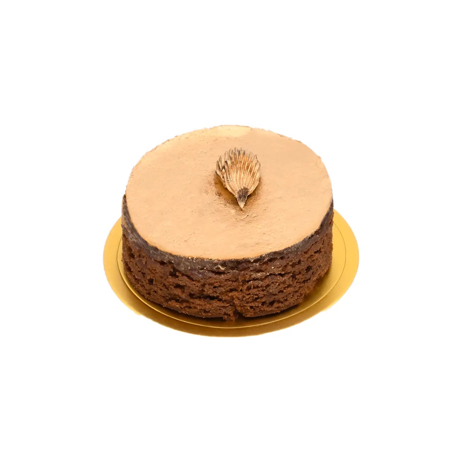 Round chocolate cake with gold dusting and chocolate leaf on top, on gold tray
