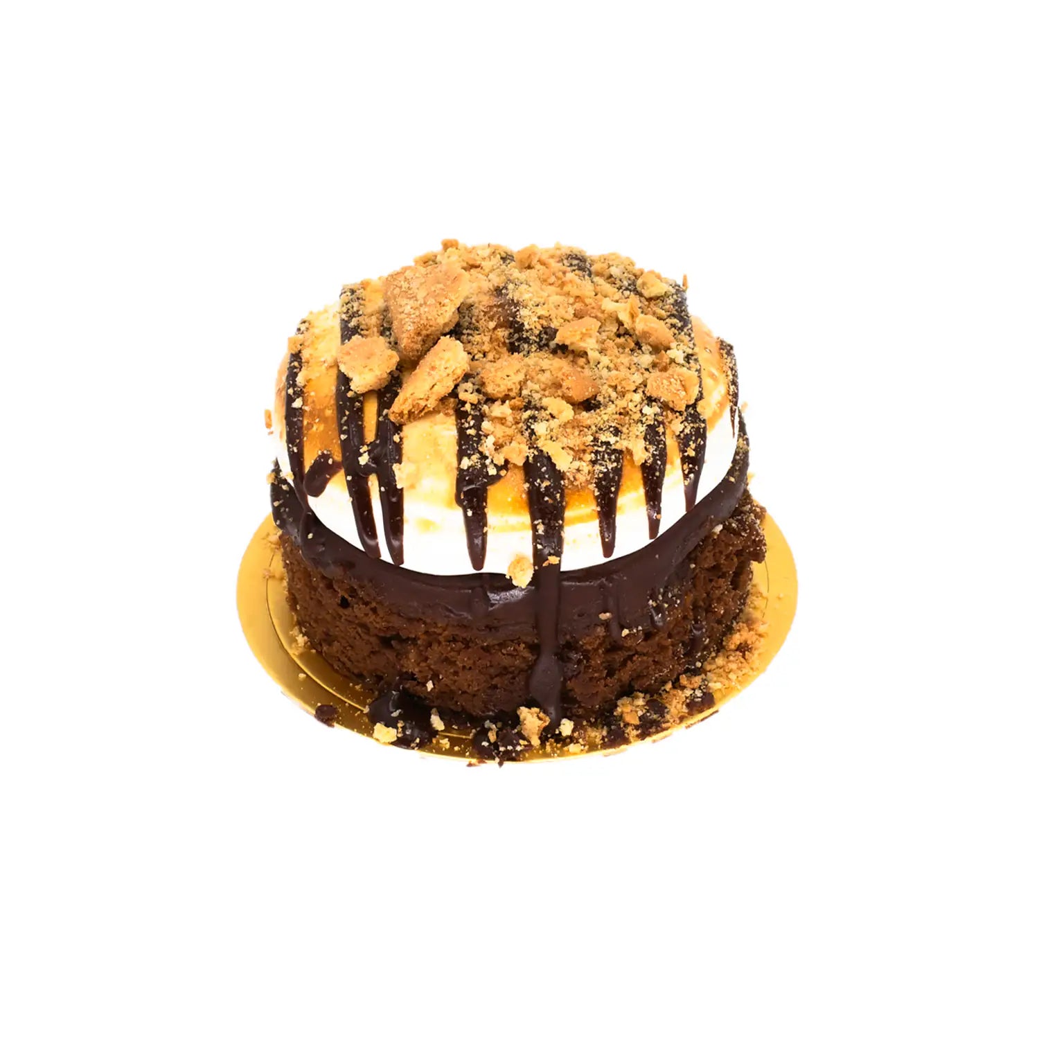 Chocolate cake topped with toasted marshmallow, cookie crumbs, and dark chocolate drizzle