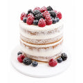 Naked sponge Bavarian cream fruit cake topped with fresh raspberries, blackberries and blueberries — cake delivery at Sweet Angeles Los Angeles