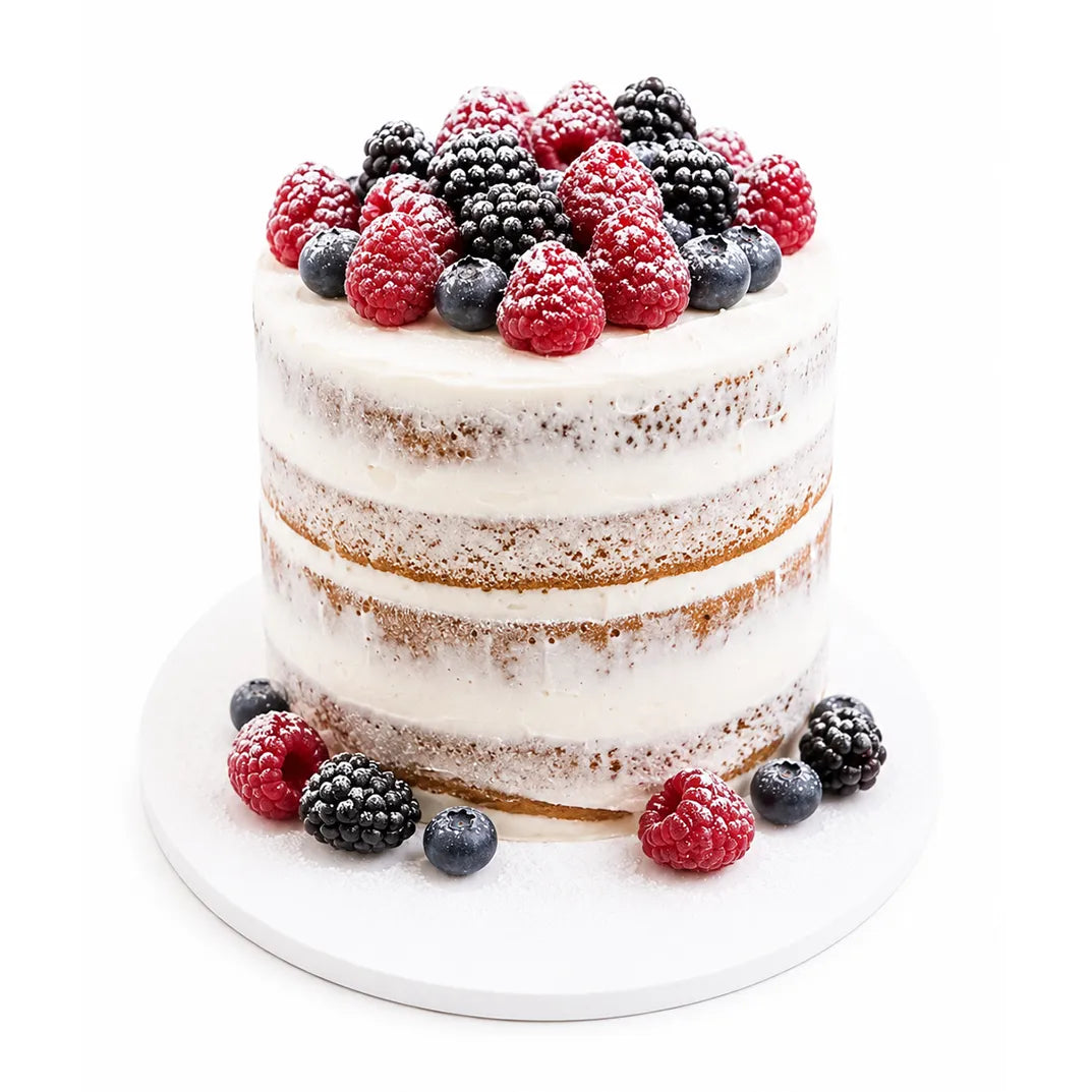 Naked sponge Bavarian cream fruit cake topped with fresh raspberries, blackberries and blueberries — cake delivery at Sweet Angeles Los Angeles