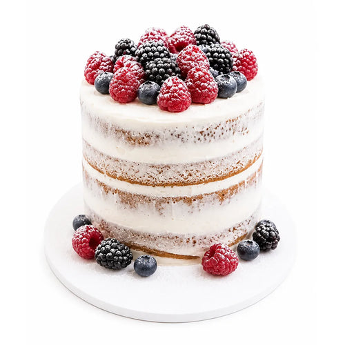 Naked sponge Bavarian cream fruit cake topped with fresh raspberries, blackberries and blueberries — cake delivery at Sweet Angeles Los Angeles