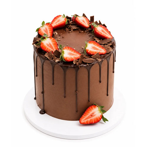 Rich chocolate mousse cake with dark drip glaze, fresh sliced strawberries and chocolate shavings — cake delivery at Sweet Angeles Los Angeles
