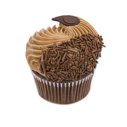 Chocolate cupcake with swirled chocolate frosting, sprinkles, and a chocolate decoration