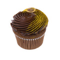 Chocolate cupcake with swirled ganache frosting and gold glitter decoration