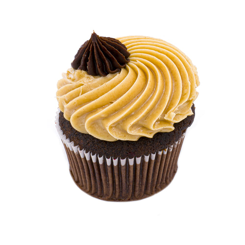 Chocolate cupcake with creamy peanut butter frosting and chocolate swirl on top