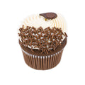 Chocolate cupcake with vanilla frosting, chocolate sprinkles, and a chocolate decoration