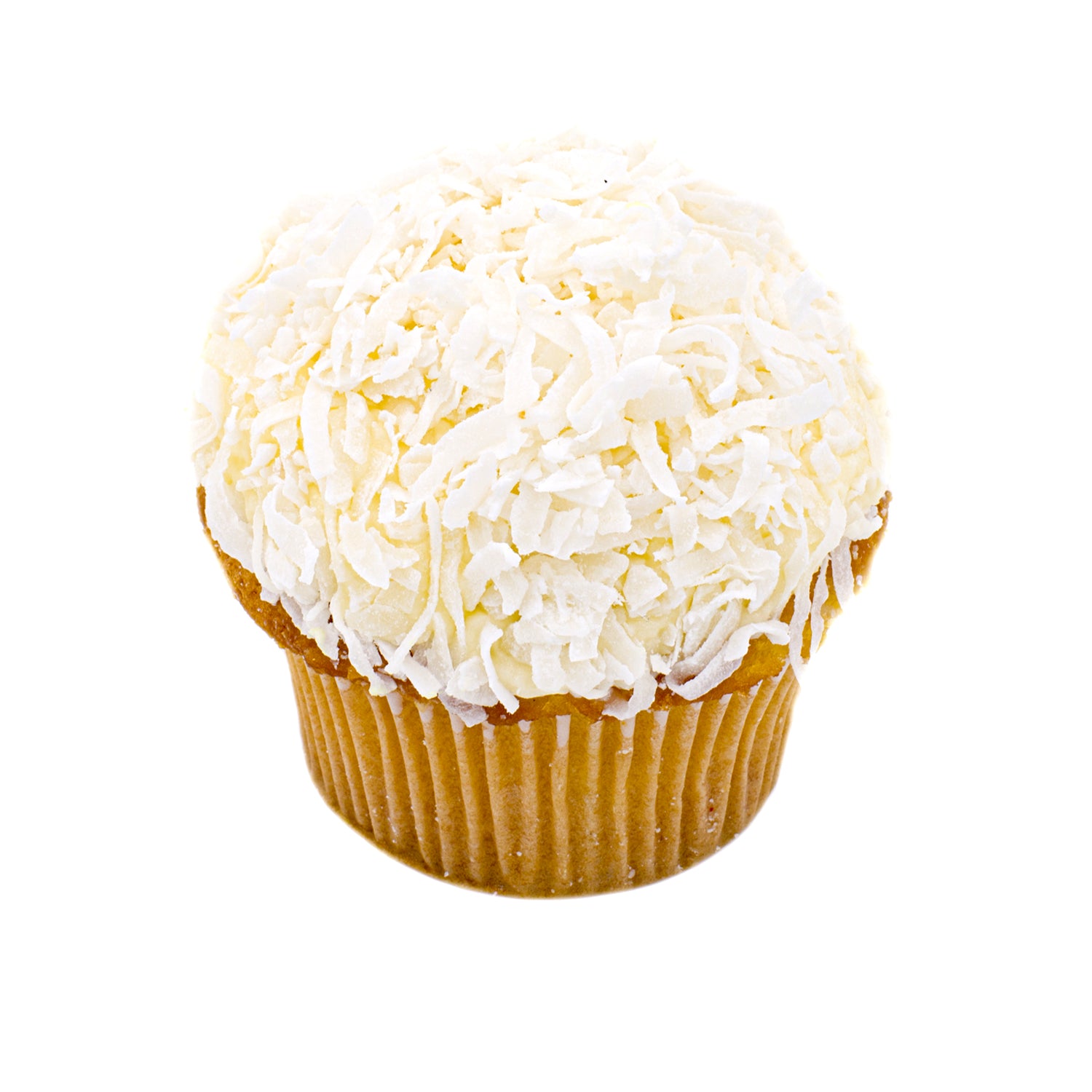 Coconut cream cheese cupcake topped with shredded coconut on white background