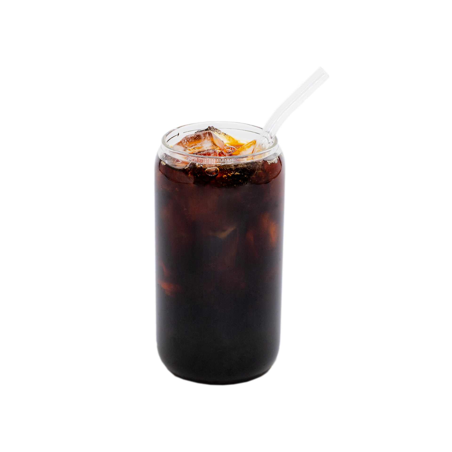 Cold brew coffee with ice and straw in a clear glass, isolated on white background