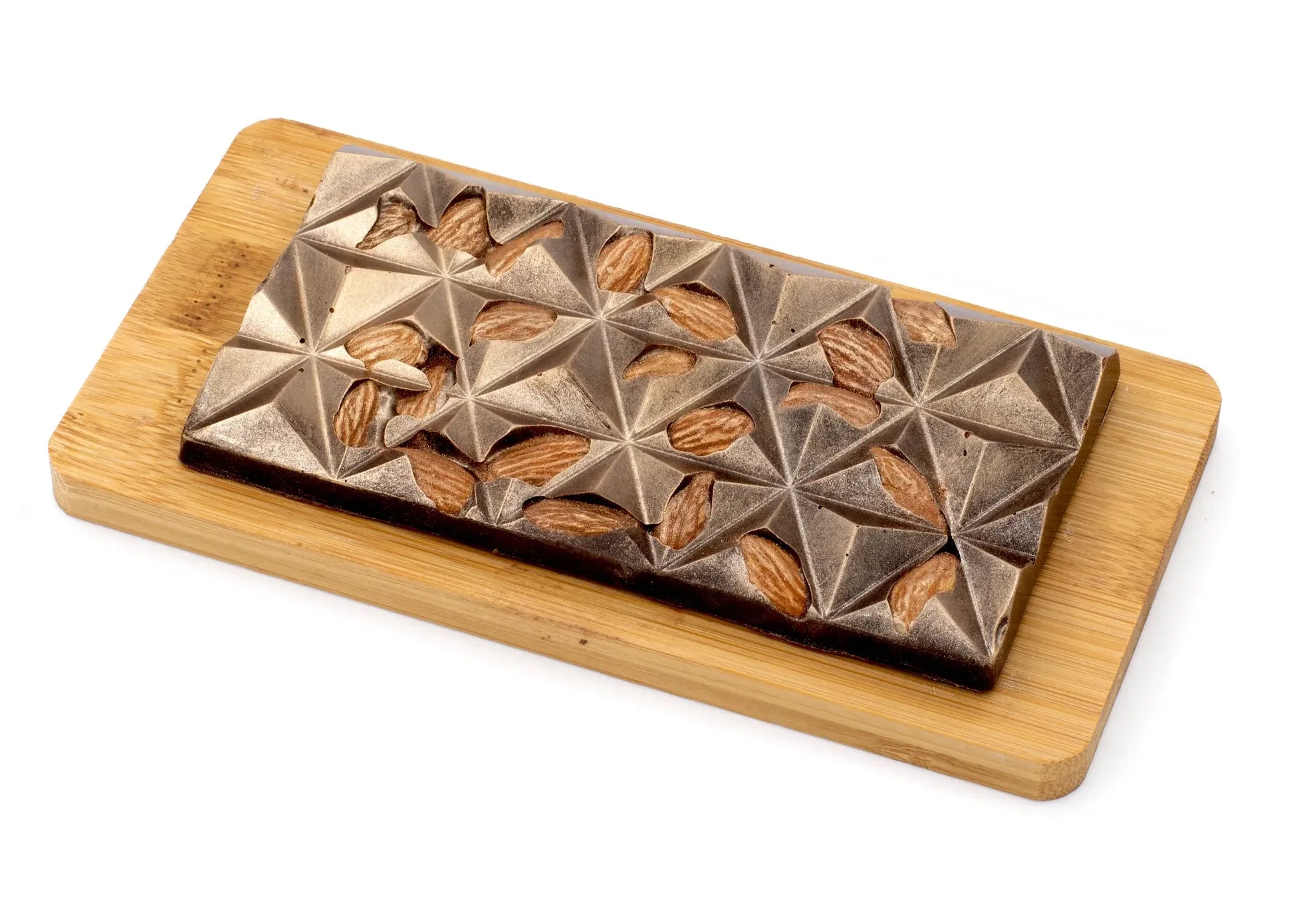 Gourmet dark chocolate bar with whole almonds on a wooden board