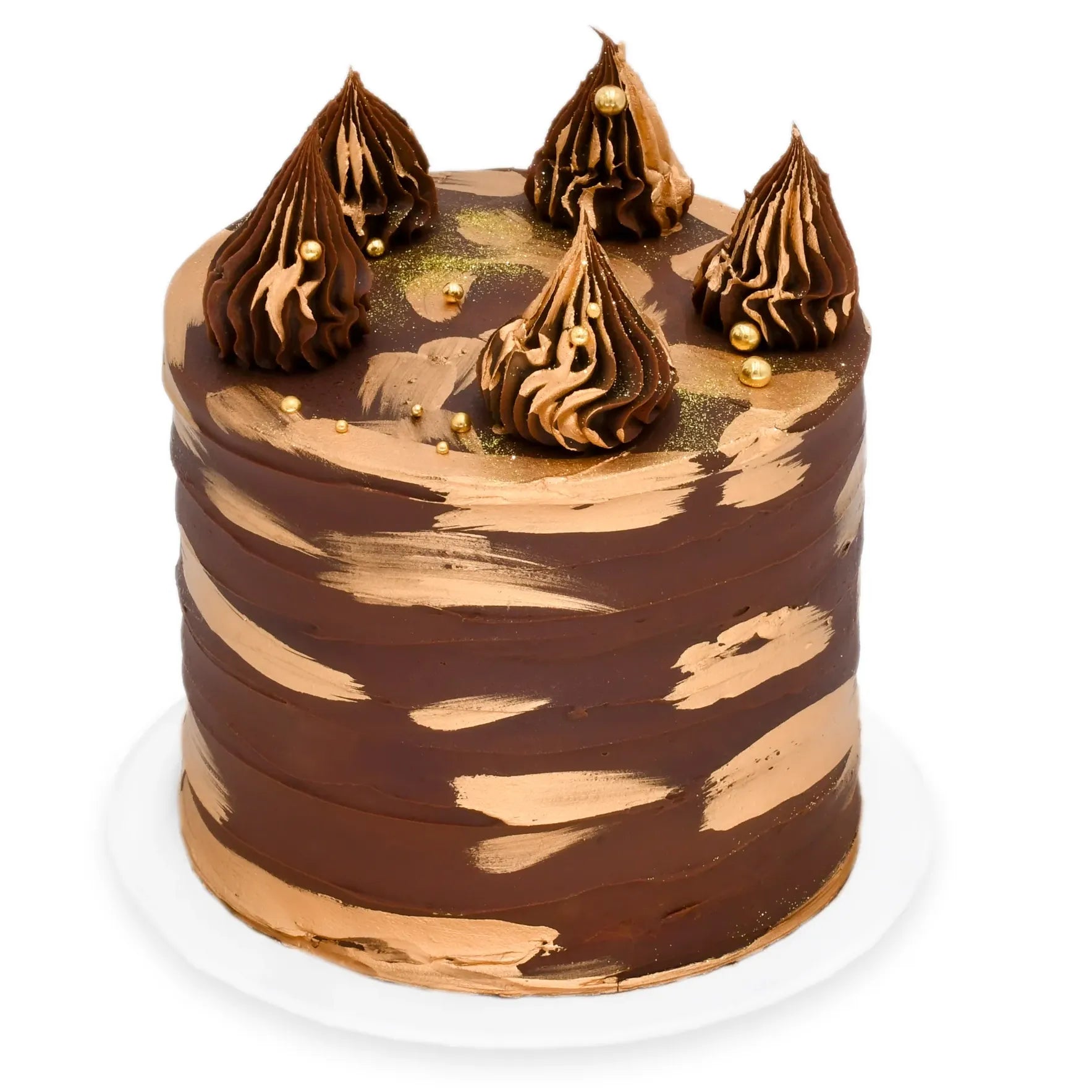 Elegant Double Chocolate Cake with rich chocolate frosting, gold accents, and decorative swirls, showcasing luxury custom cakes baked fresh in Beverly Hills.