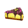 Slice of chocolate-covered cheesecake with pink and green drizzle on a white background