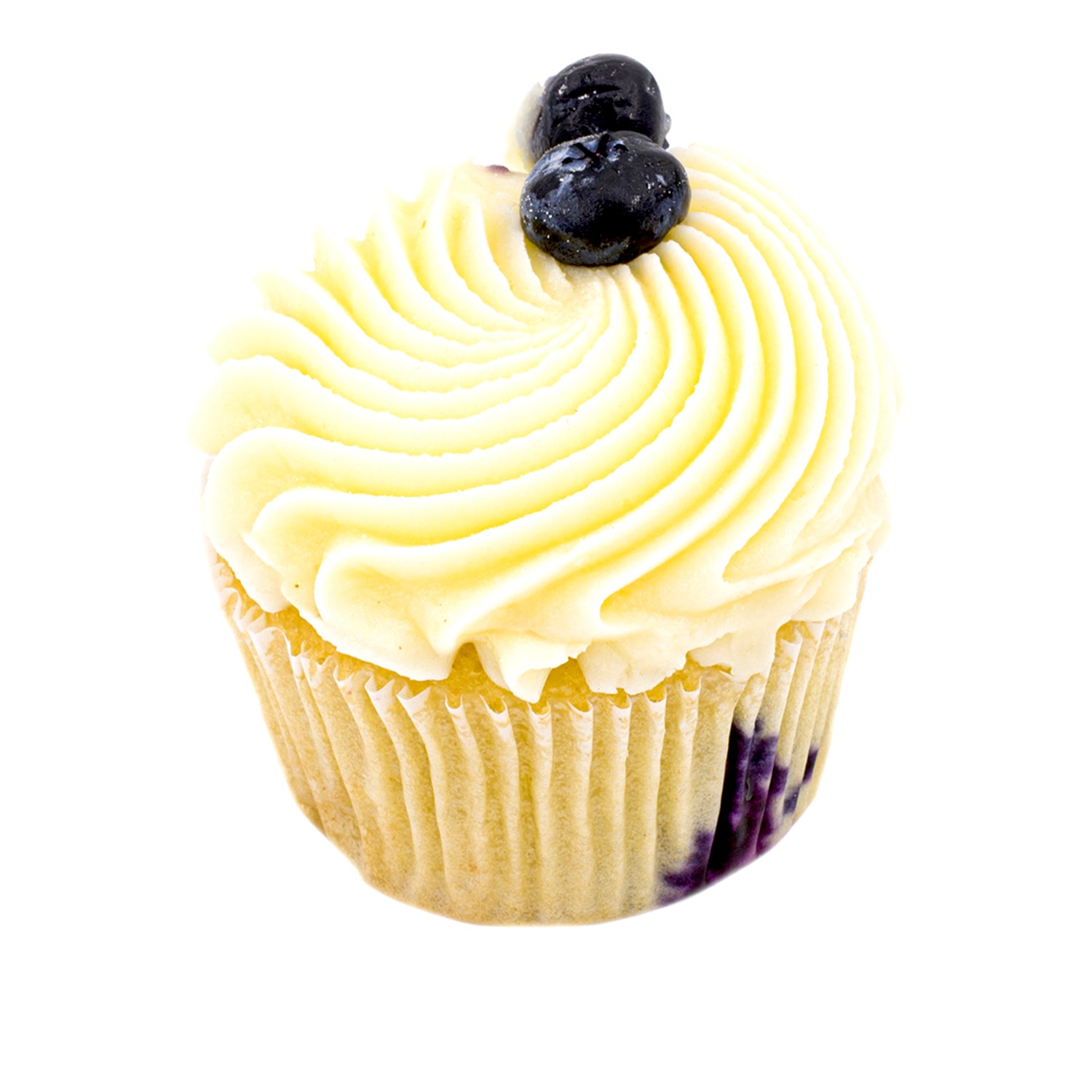 Blueberry cream cheese cupcake with swirled frosting and fresh blueberries on top