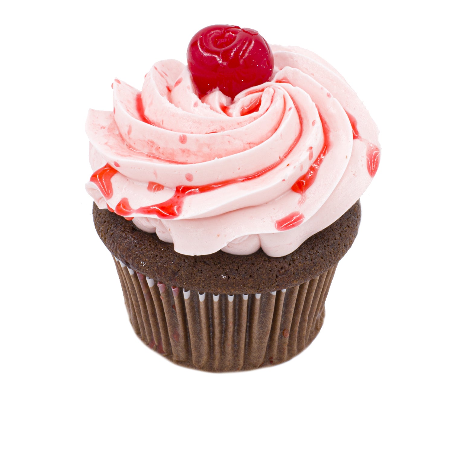 Chocolate cupcake with pink cherry frosting and a maraschino cherry on top