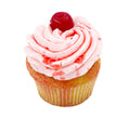 Maraschino cherry vanilla cupcake with pink frosting and cherry topping on white background