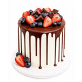Marble fruit mousse cake with white buttercream, chocolate drip glaze, Kinder pieces, fresh strawberries and blueberries — cake delivery at Sweet Angeles Los Angeles