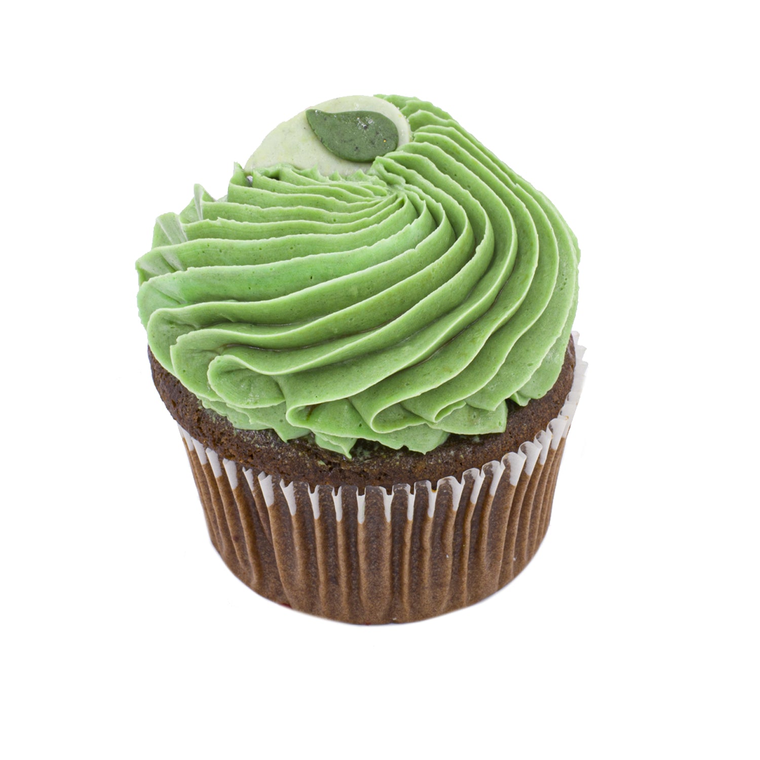 Mint chocolate cupcake with green mint frosting and chocolate base on white background
