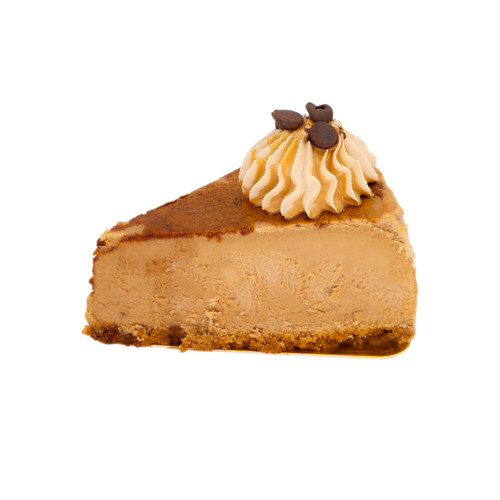 Slice of mocha cheesecake with whipped cream and chocolate chips on white background