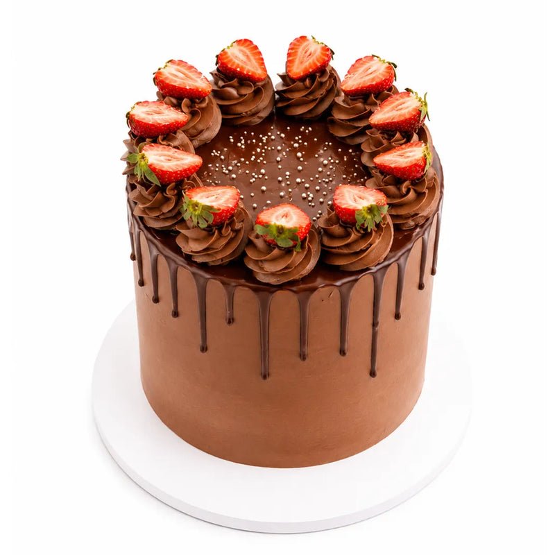 Nutella strawberry mousse cake with chocolate buttercream, drip glaze, piped rosettes, fresh strawberries and silver pearl sprinkles — cake delivery at Sweet Angeles Los Angeles
