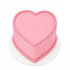 Pink Love Story Heart Cake with smooth pastel pink frosting and decorative pearl-like beads outlining the heart shape on top and base, elegant and simple design.