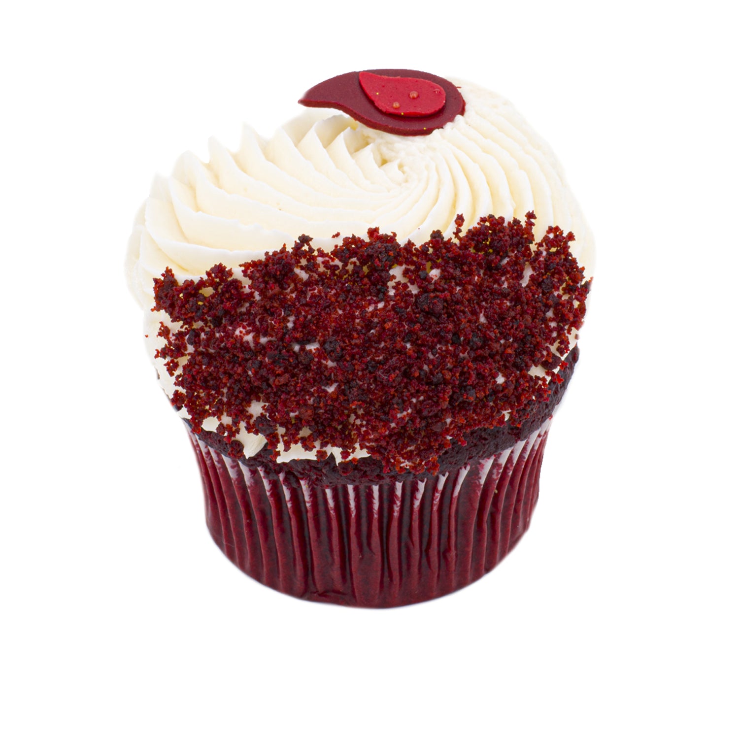 Red velvet cupcake with cream cheese frosting and red velvet crumbs on top