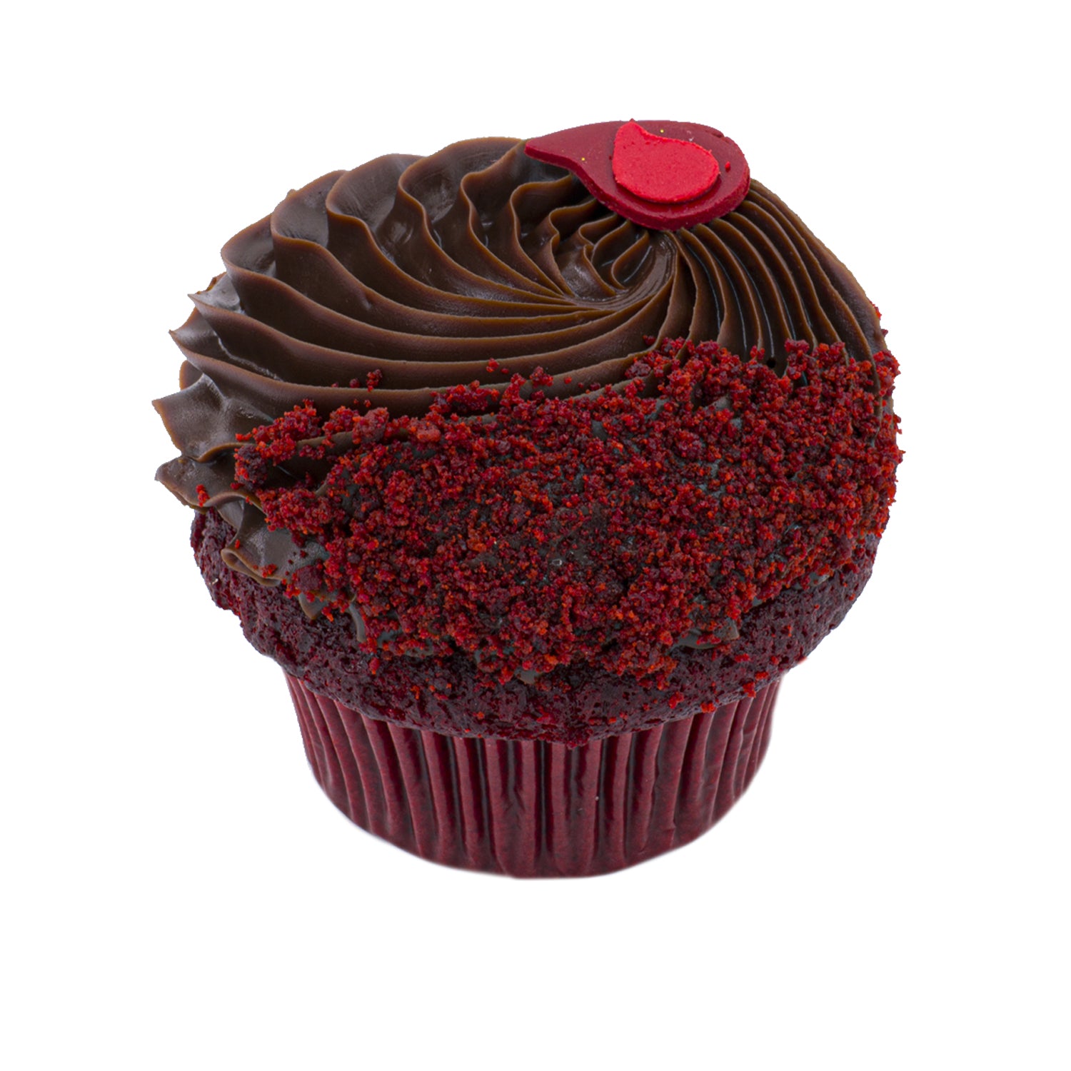 Red velvet cupcake topped with chocolate ganache frosting and red cake crumbs