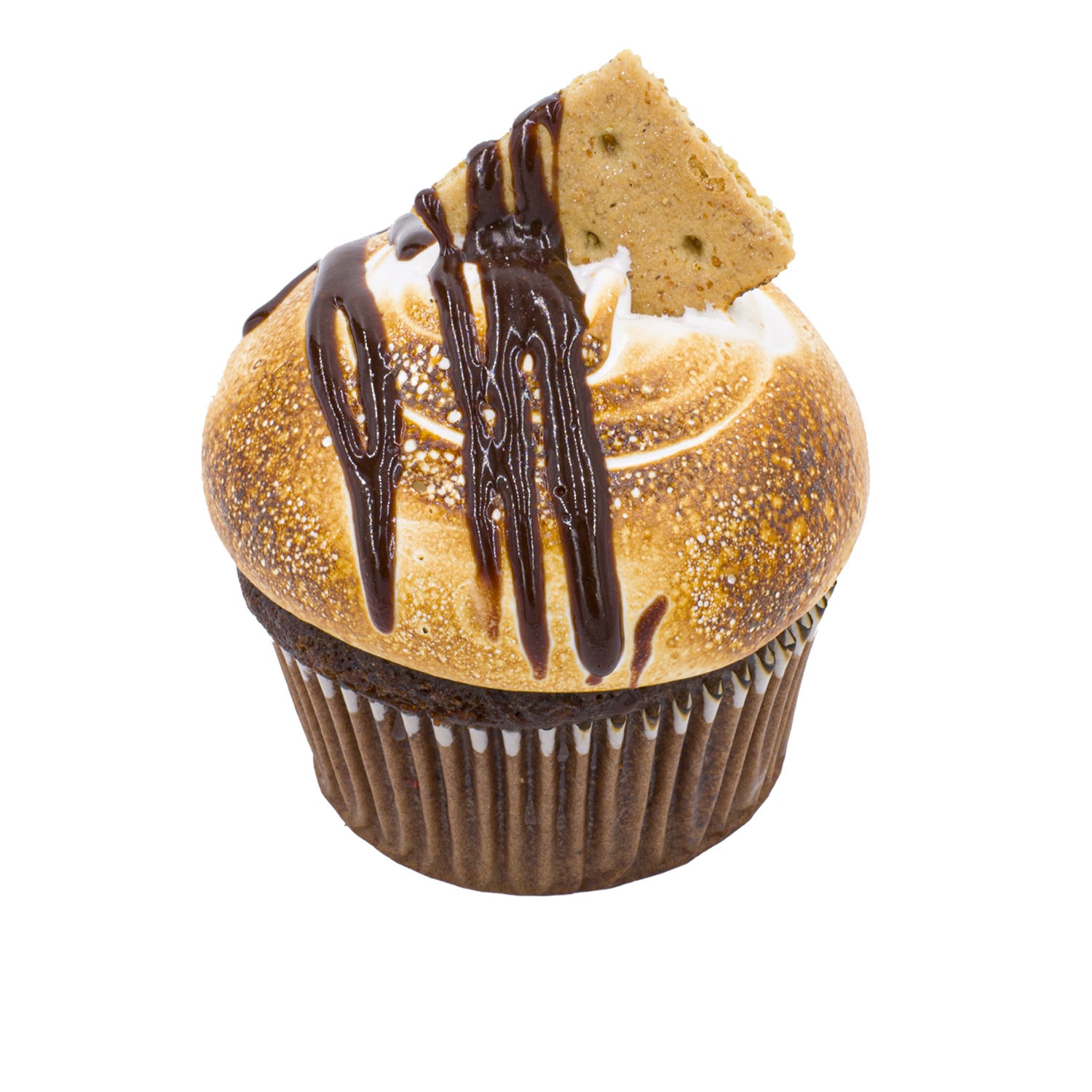 S'mores inspired gourmet cupcake with toasted marshmallow, chocolate drizzle, and graham cracker