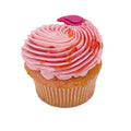 Strawberry cupcake with pink frosting, strawberry drizzle, and a pink candy topper