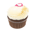 Chocolate cupcake with vanilla frosting, gold sprinkles, and red fondant heart decoration
