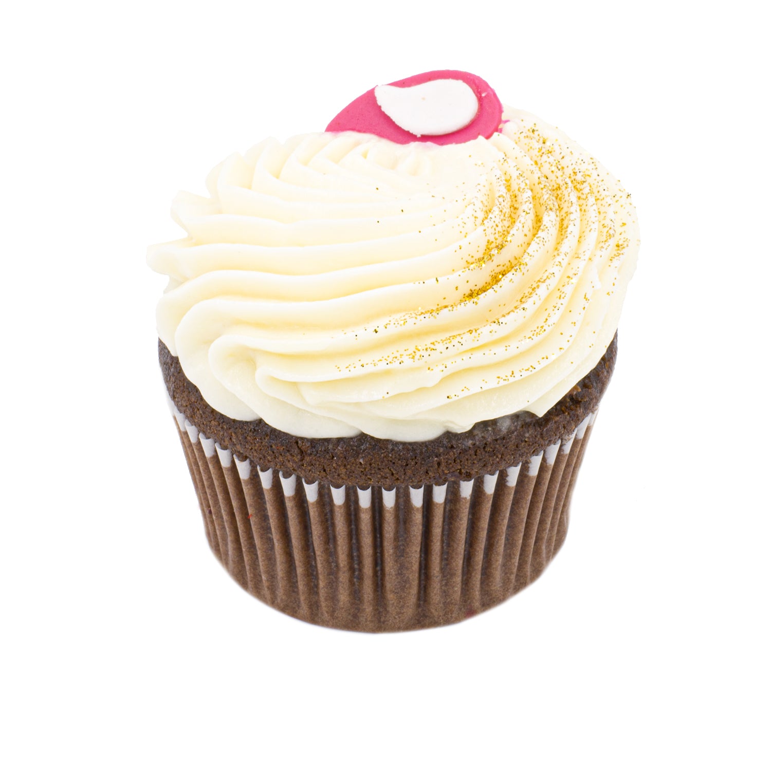 Chocolate cupcake with vanilla frosting, gold sprinkles, and red fondant heart decoration