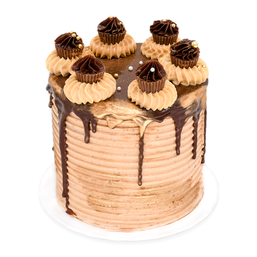 Chocolate and caramel drip cake topped with mini cupcakes and gold sprinkles on a white plate