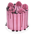 Tall pink frosted custom cake with dark chocolate drip and piped rosettes, gourmet dessert