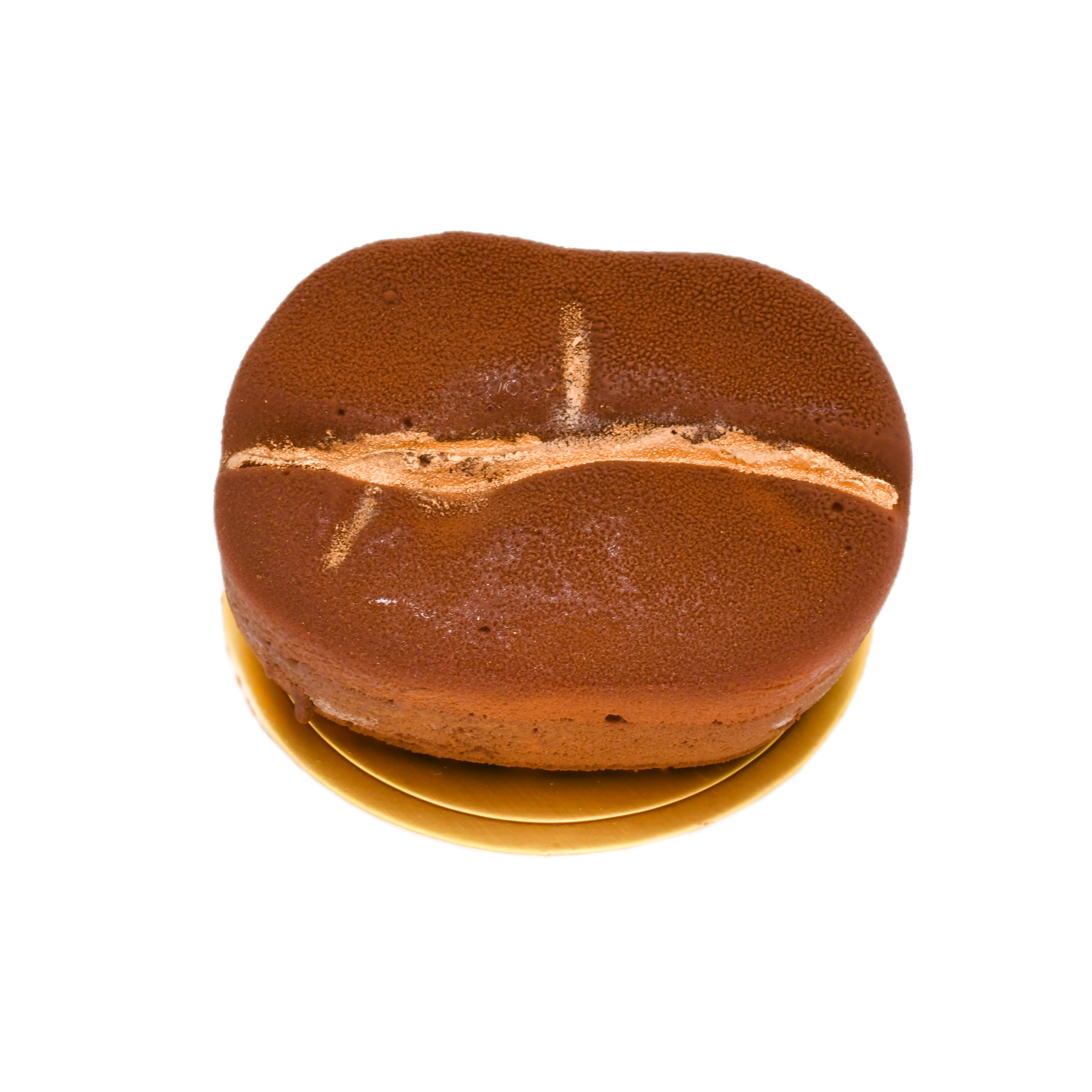 Elegant three chocolate mousse dessert with gold accent on a golden base, isolated on white
