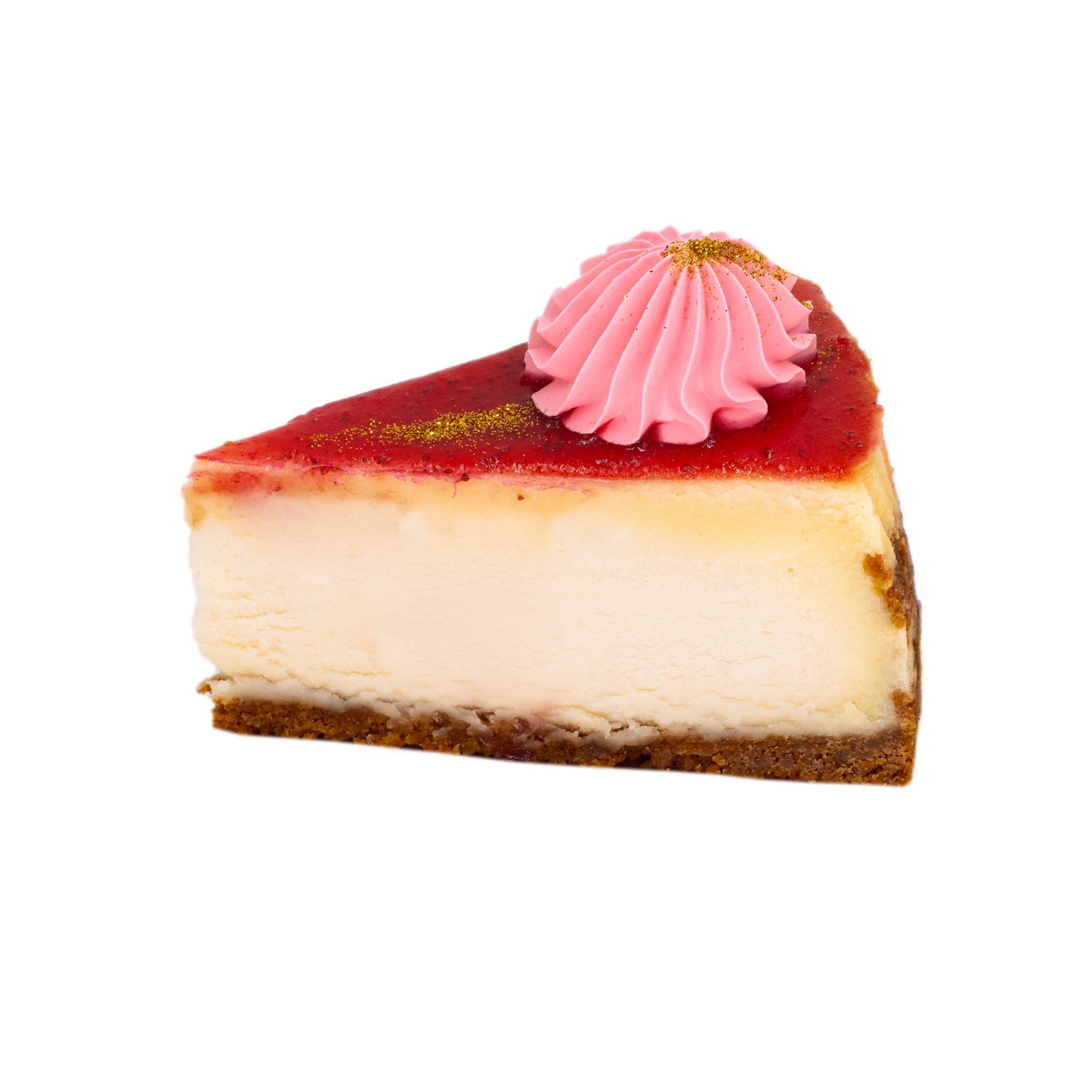 Slice of vanilla strawberry cheesecake with a graham crust, pink whipped topping, and gold dust