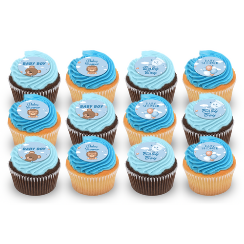 Baby boy shower cupcakes with blue frosting and themed toppers, assorted chocolate and vanilla.